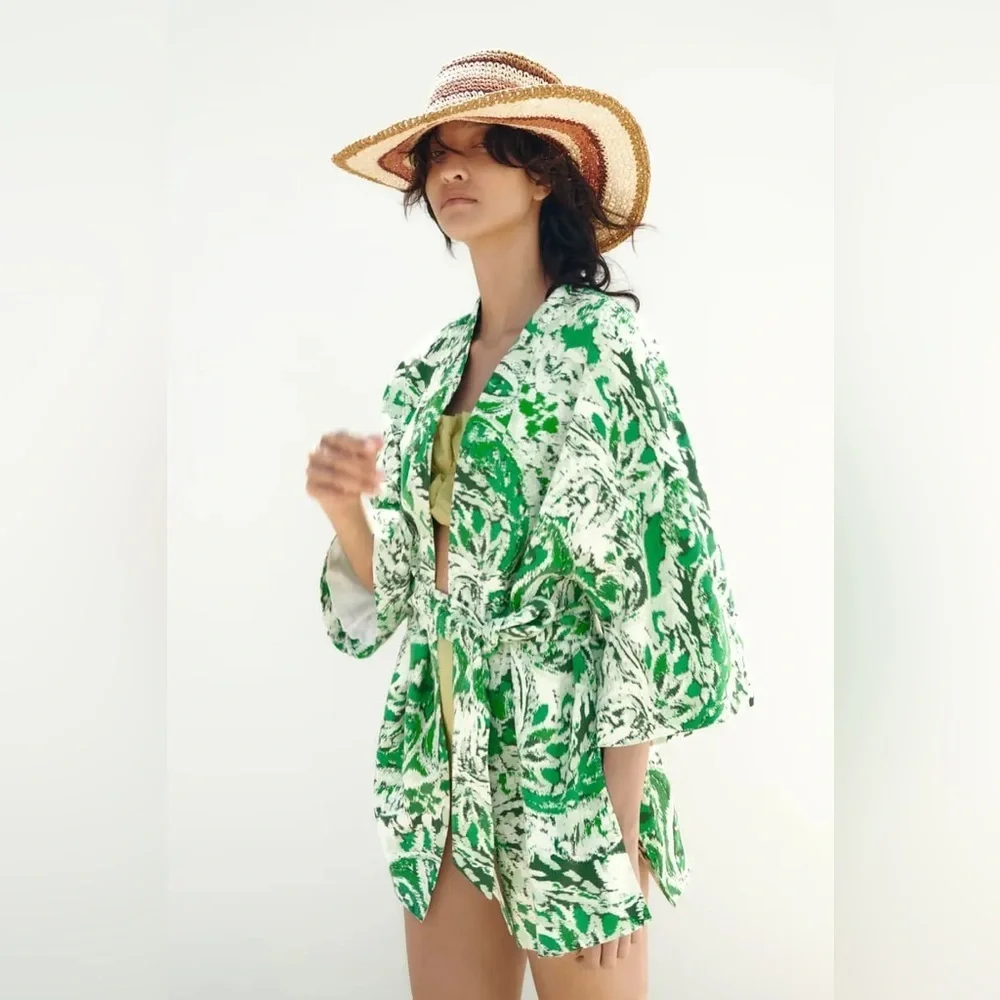 ZARA Linen Blend Printed Kimono Printed ✨ White + Green Size M/L - Picture 1 of 15